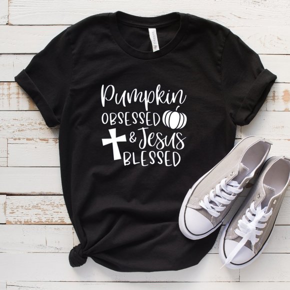 Pumpkin Obsessed And Jesus Blessed Softstyle® Fitted T-Shirt - Picture 1 of 3